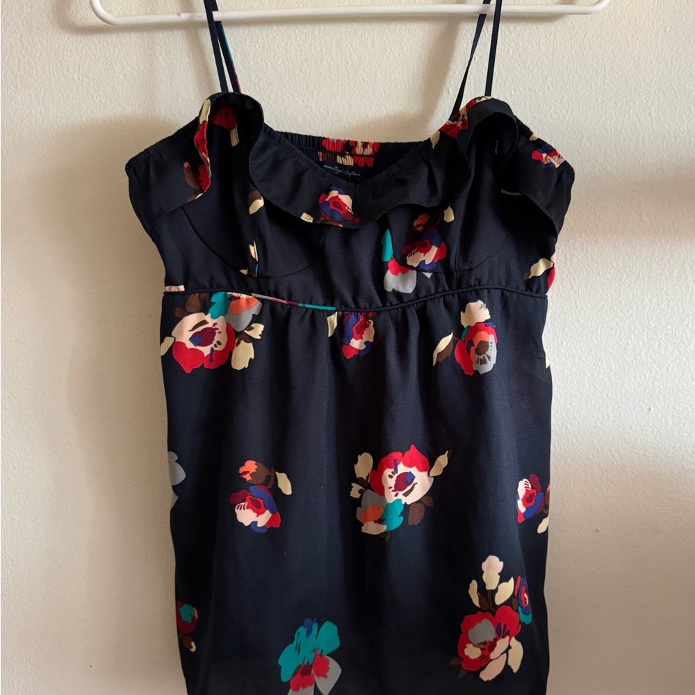 American Eagle Navy Floral Ruffle Tank Top
